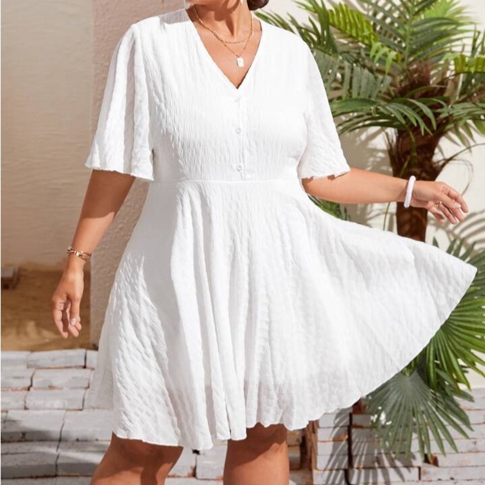 Shein Button Front Butterfly Sleeve Textured Dress